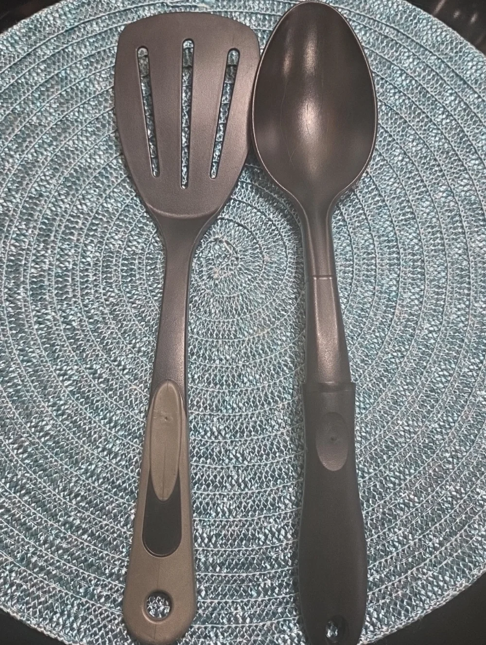 Vintage Black Nylon Slotted Spatula And Spoon Set USA Made Kitchen Utensils
